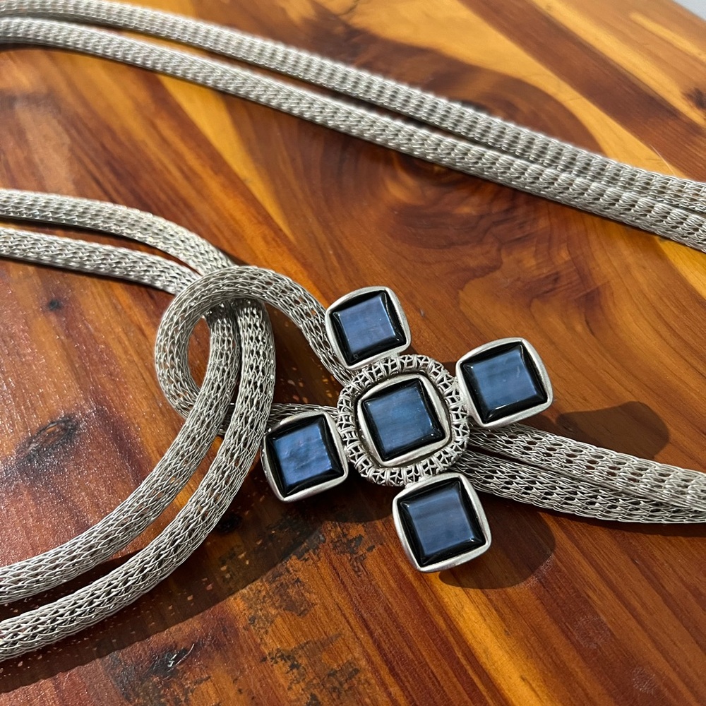 Handmade vintage Silver Mesh Lariat belt with Blue Stone Buckle Accent - Picture 2 of 10